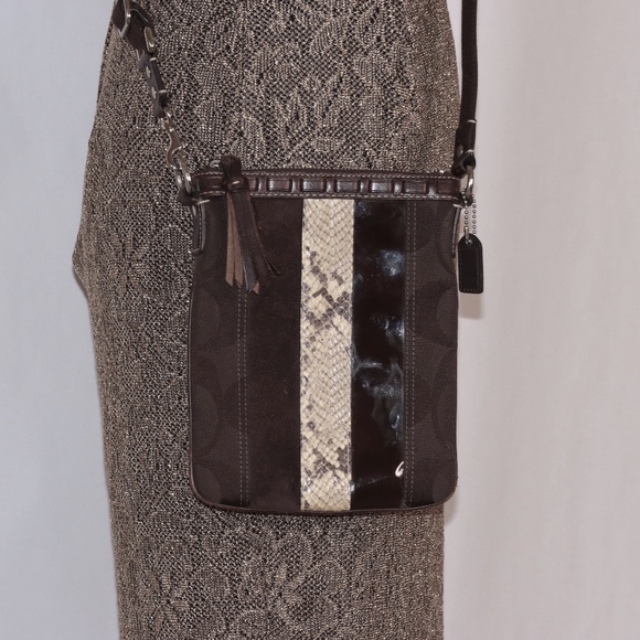 Coach E06-10266 brown sling bag w/ suede, snake skin and patent accents on front - Picture 1 of 15